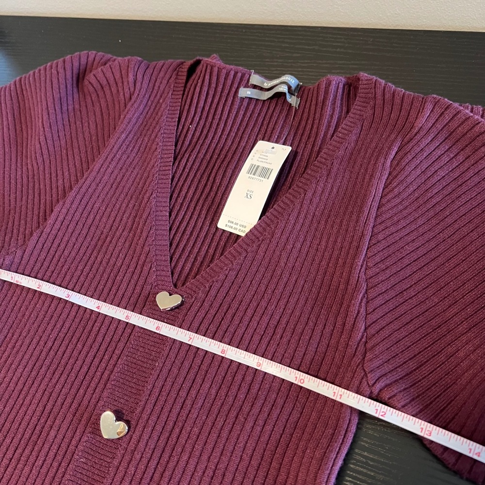 Anthropologie Ribbed Heart Button Cardigan Plum Puff Sleeve‎ Sweater XS NWT - Picture 11 of 12